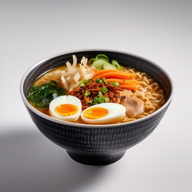 Uma tigela de ramen com ovos cozidos e vegetais verdes.