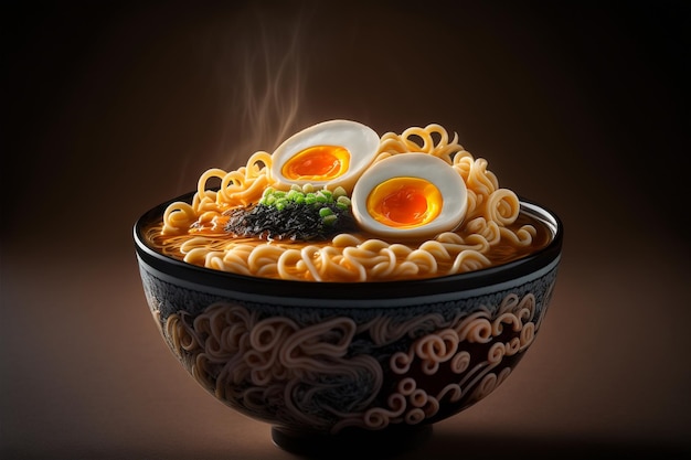 Uma tigela de ramen com ovos e bacon