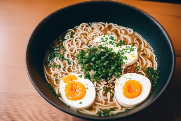 Uma tigela de ramen com ovos e cebolinha