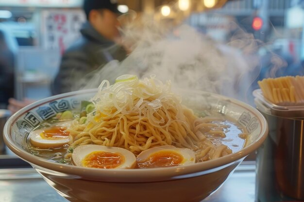 Uma tigela de ramen com ovos e macarrão.