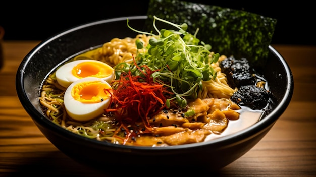 Uma tigela de ramen com sopa grossa e macarrão