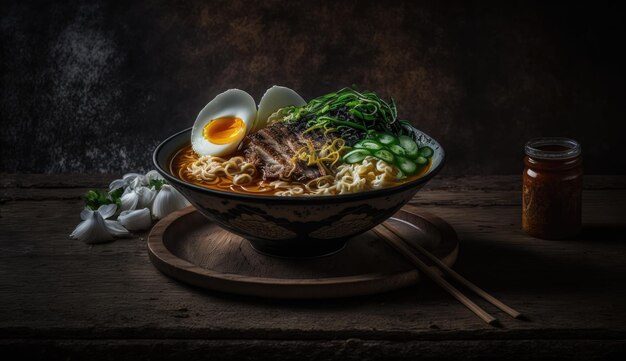 Uma tigela de ramen com um ovo cozido ao lado.