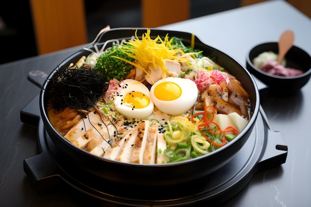 Uma tigela de ramen com um ovo cozido por cima.