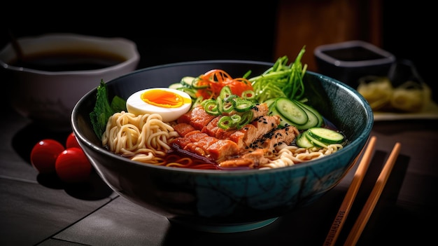 Uma tigela de ramen com um ovo cozido por cima