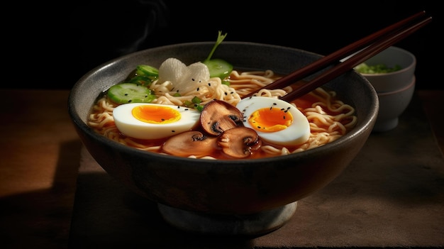 Uma tigela de ramen com um ovo cozido por cima.