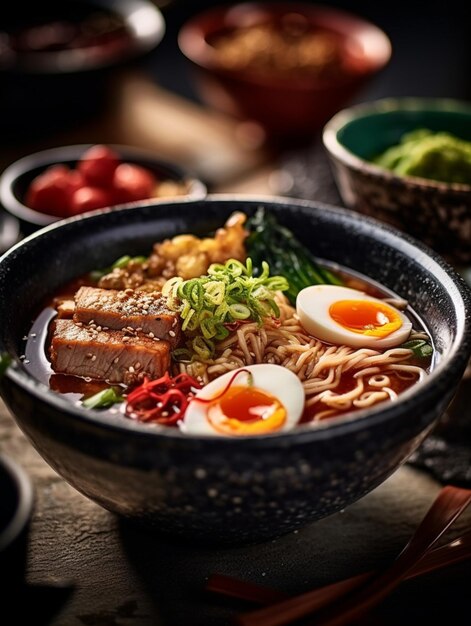 Uma tigela de ramen com um ovo cozido por cima