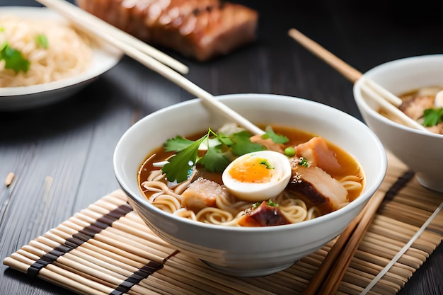 Uma tigela de ramen com um ovo cozido por cima