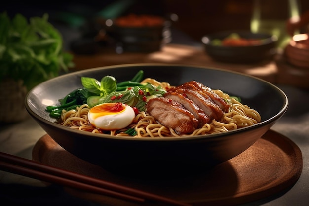 Uma tigela de ramen com um ovo frito por cima