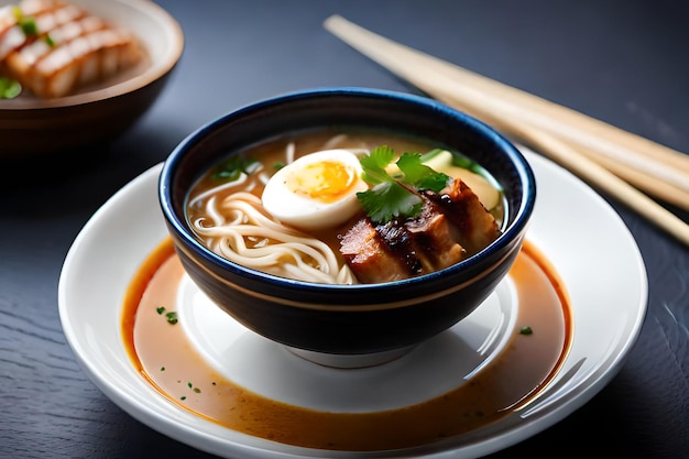 Uma tigela de ramen com um ovo frito por cima.