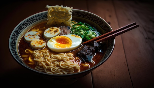 Uma tigela de ramen com uma fatia de ovo por cima