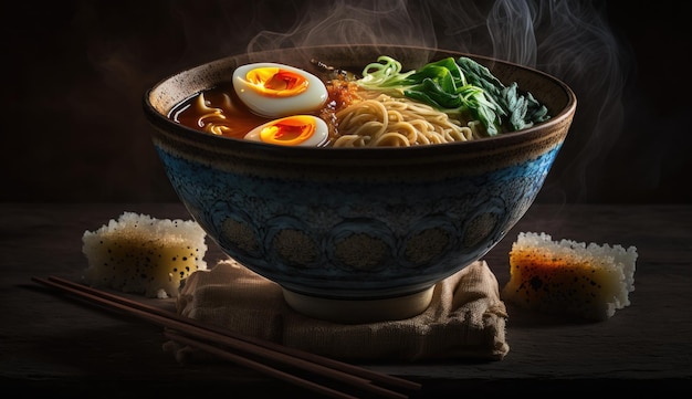 Uma tigela de ramen com uma tigela azul e branca de ramen com alguns pedaços de pão ao lado.