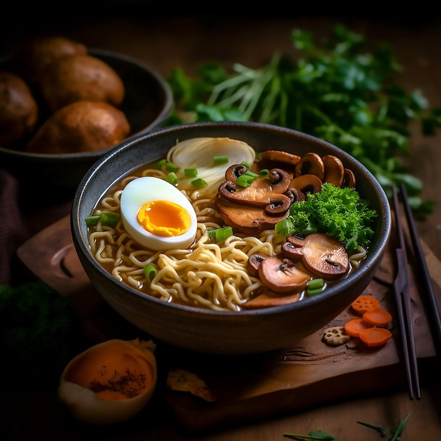 Uma tigela de ramen saborosa e quente na bandeja de madeira escura