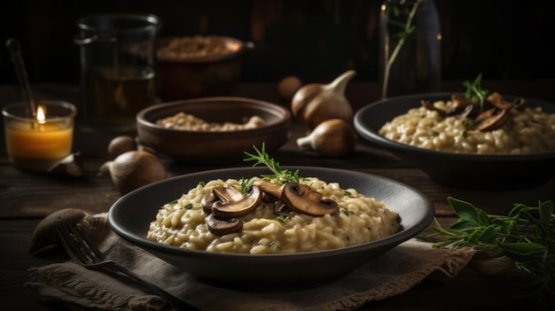 Uma tigela de risoto com cogumelos por cima