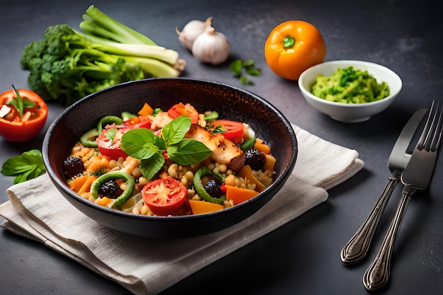 Uma tigela de risoto vegetariano com cebolinha e tomate em uma mesa.