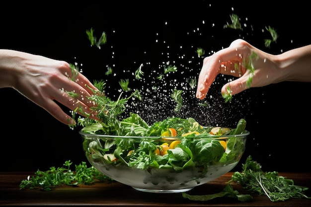 uma tigela de salada com a mão pegando uma salada verde.