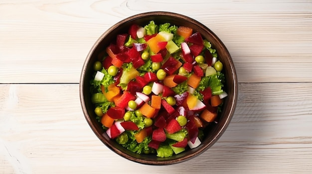 Uma tigela de salada com legumes e frutas
