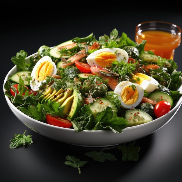 uma tigela de salada com ovos e abacate.