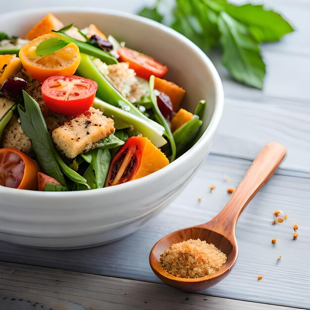 Uma tigela de salada com tofu, cenoura e tofu em uma mesa de madeira.