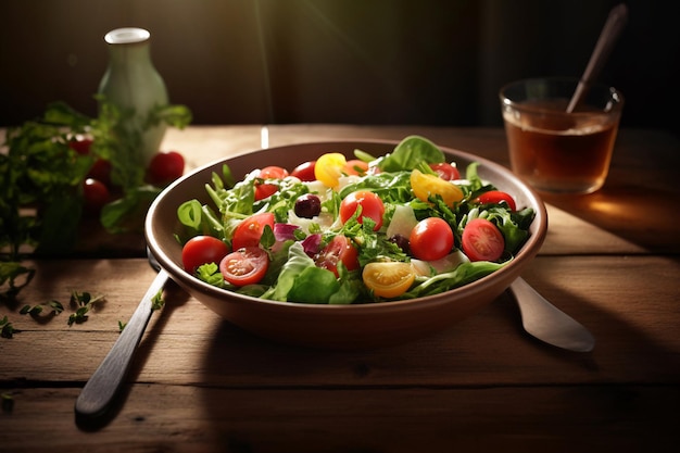 Uma tigela de salada com tomates, azeitonas e tomates em uma mesa de madeira.