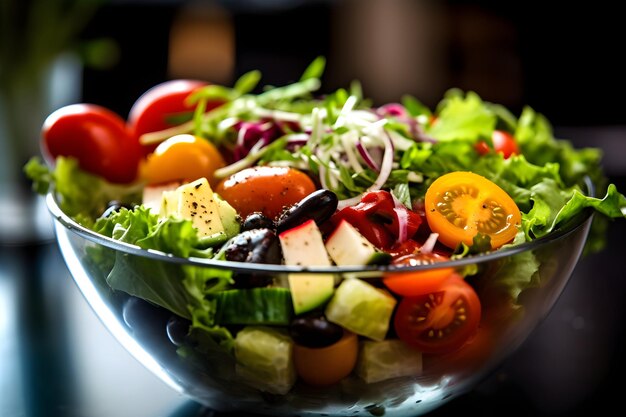 Uma tigela de salada com tomates e azeitonas