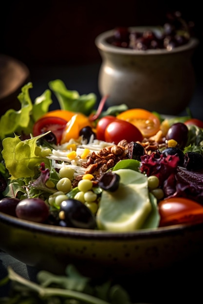 Uma tigela de salada com um fundo escuro