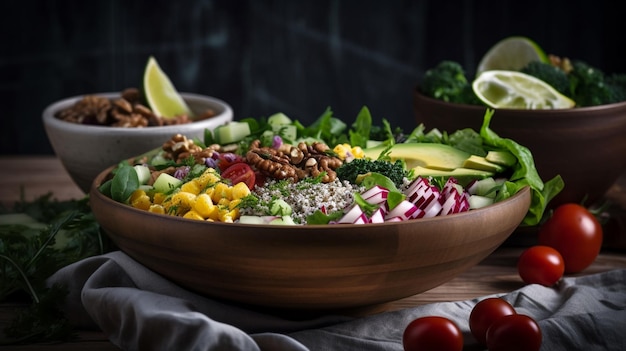 Uma tigela de salada com uma salada verde ao fundo