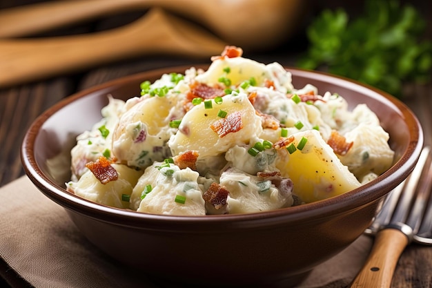 Uma tigela de salada de batata com cebolinha e bacon