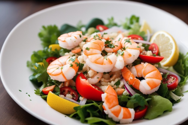 Uma tigela de salada de camarão com fatias de limão e tomate