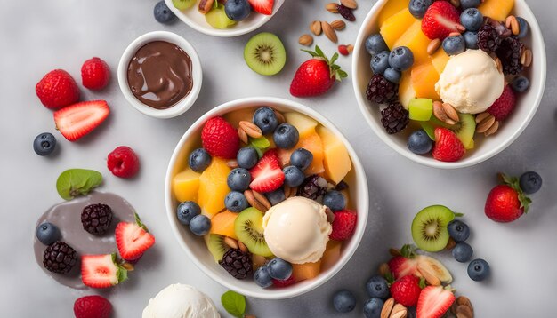 uma tigela de salada de frutas com algumas outras tigelas de sorvete e algumas outras tigellas de sorvete