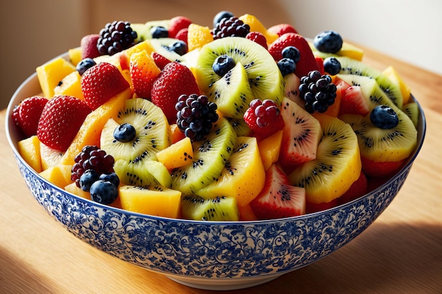 Uma tigela de salada de frutas com borda azul
