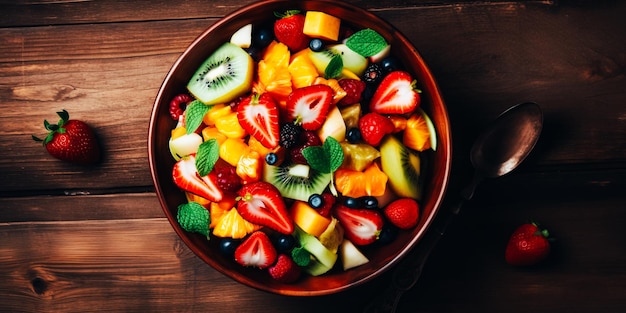 Uma tigela de salada de frutas com folhas de hortelã ao lado