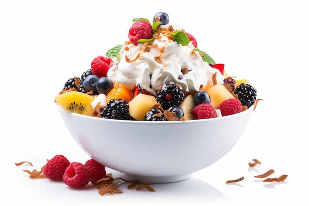 uma tigela de salada de frutas com frutas vermelhas e chantilly.