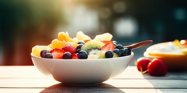 Uma tigela de salada de frutas com uma mulher segurando morangos e kiwi