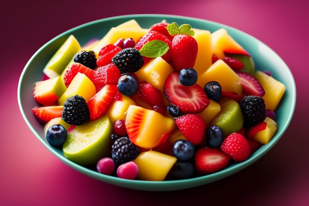 Uma tigela de salada de frutas com uma tigela verde de frutas em cima da mesa.