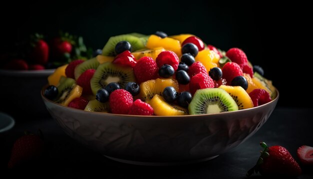 Uma tigela de salada de frutas frescas com bagas multicoloridas e granola gerada por inteligência artificial