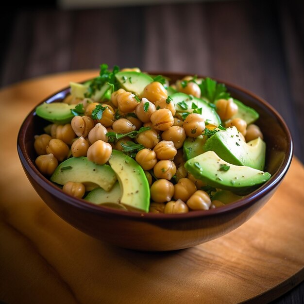 Uma tigela de salada de grão de bico e abacate com uma superfície de madeira.