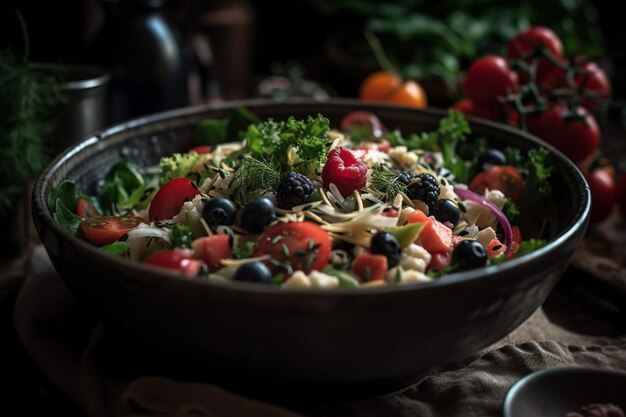 Uma tigela de salada de macarrão com tomates, mirtilos e outros vegetais.