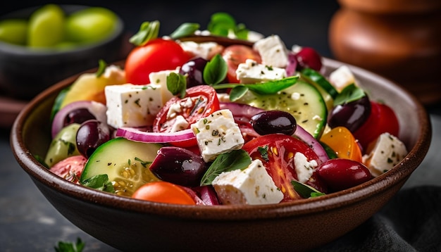 Uma tigela de salada grega com queijo feta e pepino