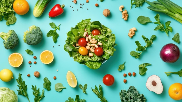 Uma tigela de salada saudável cercada de vegetais frescos, nozes e frutas em um fundo azul-azul
