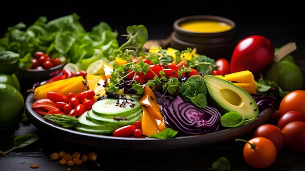 Uma tigela de salada vibrante com uma mistura de legumes frescos e molhos