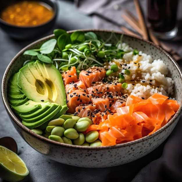 Uma tigela de salmão, abacate e arroz com abacate.