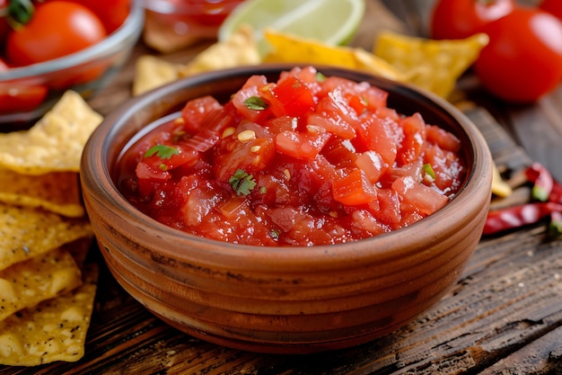 uma tigela de salsa com tomates e salsa em uma mesa de madeira