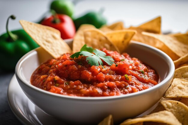 Uma tigela de salsa com tortilhas ao fundo