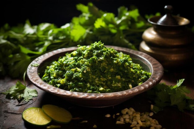 Uma tigela de salsa verde com um enfeite verde ao lado.