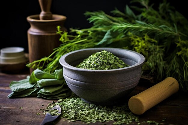 uma tigela de salsa verde está sobre uma mesa com uma faca.