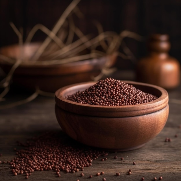 Uma tigela de sementes de mostarda está sobre uma mesa de madeira.