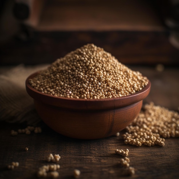 Uma tigela de sementes de quinoa está sobre uma mesa de madeira.