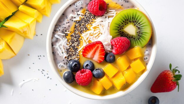 Uma tigela de smoothie com frutas tropicais e sementes de chia servida com fatias de manga e kiwi ao lado O conceito de vegetarianismo e estilo de vida saudável