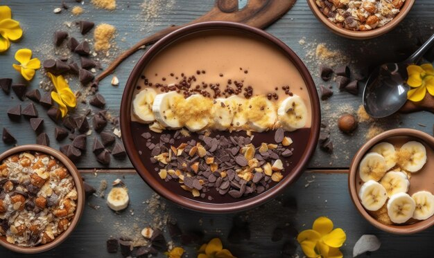 Uma tigela de smoothie de banana com lascas de chocolate e lascas de chocolate