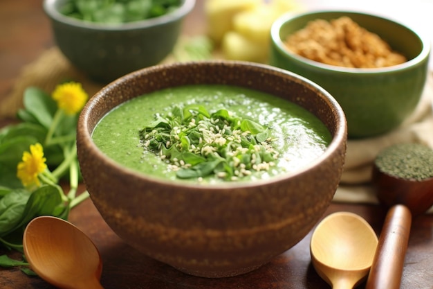 Uma tigela de smoothie verde com espinafre de couve e abacate